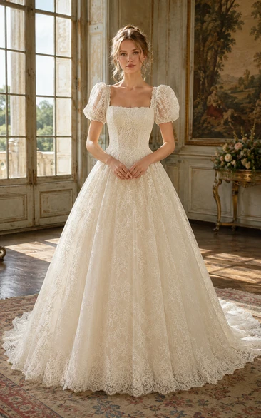 Vintage Square Neck Puff Sleeve Lace Ball Gown