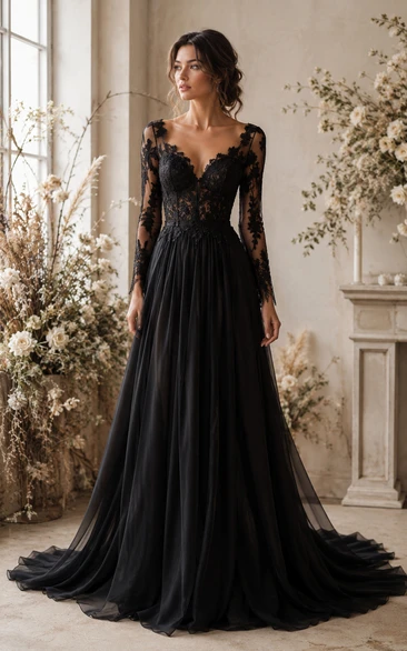 Black Long Sleeve Lace Bodice Tulle Wedding Dress
