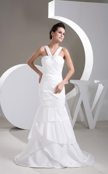 Sleeveless Column Ruched Bodice and Gown With Broach