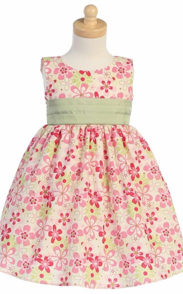 Tea-Length Floral Pleated Floral Taffeta Flower Girl Dress With Sash