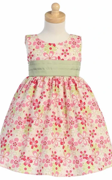 Tea-Length Floral Pleated Floral Taffeta Flower Girl Dress With Sash