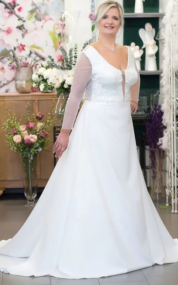 Casual A Line V-neck Floor-length Long Sleeve Satin Wedding Dress