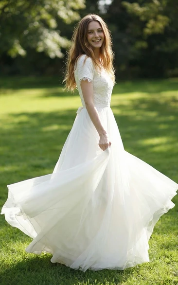Short Sleeve V-Neck A-Line Tulle Bridal Gown