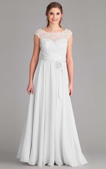 Sheath Short-Sleeve Scoop-Neck Floor-Length Chiffon Wedding Dress With Lace
