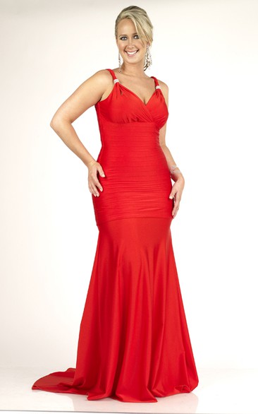 Sheath Floor-length Spaghetti Jersey Ruching Sweep Train Zipper Dress