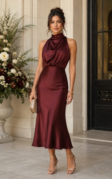 Burgundy Halter Satin Midi Sheath Dress