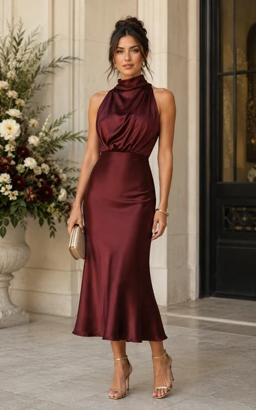 Burgundy Halter Satin Midi Sheath Dress