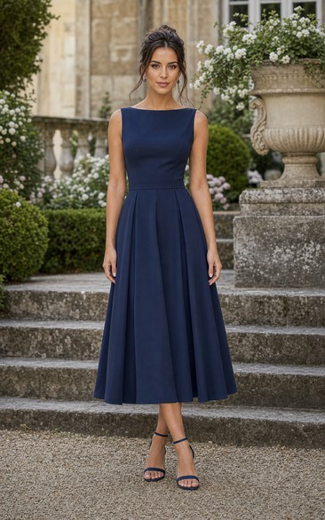 Dark Navy Bateau Satin Tea-Length A-Line Dress