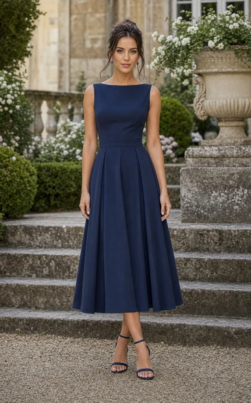 Dark Navy Bateau Satin Tea-Length A-Line Dress