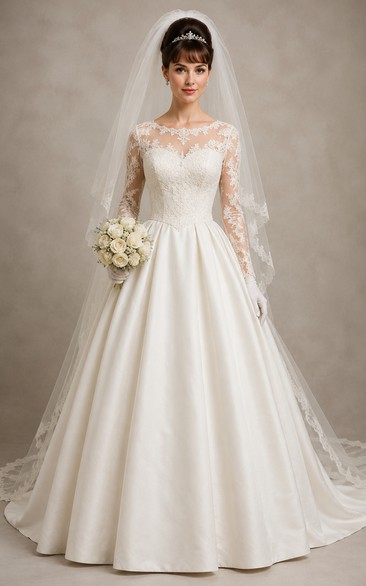 Vintage Long Sleeve Lace Satin Ball Gown Wedding Dress