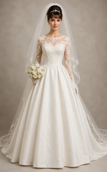 Vintage Long Sleeve Lace Satin Ball Gown Wedding Dress