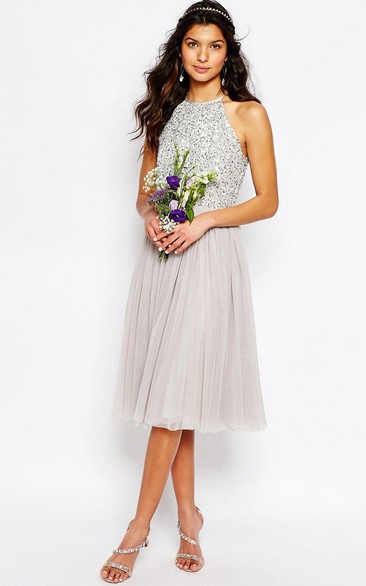 A-Line Tea-Length Scoop-Neck Sleeveless Sequined Tulle Bridesmaid Dress With Pleats