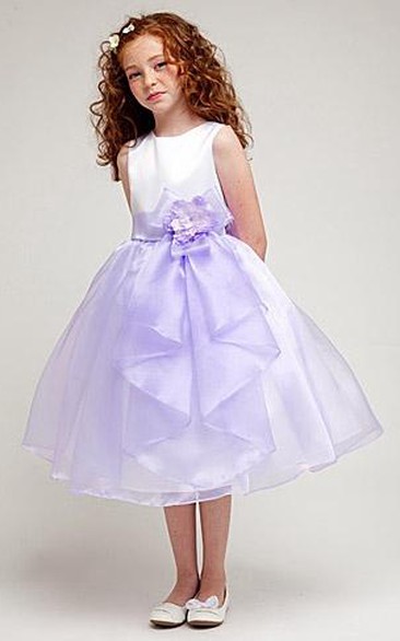 Tea-Length Bowed Split-Front Organza&Satin Flower Girl Dress