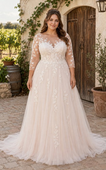 Plus Size Brautkleid in A-Linie mit langen Ärmeln aus Spitze und Applikationsschleppe