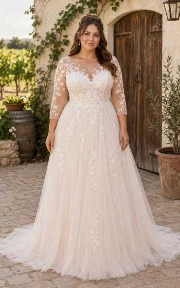 Plus Size Brautkleid in A-Linie mit langen Ärmeln aus Spitze und Applikationsschleppe