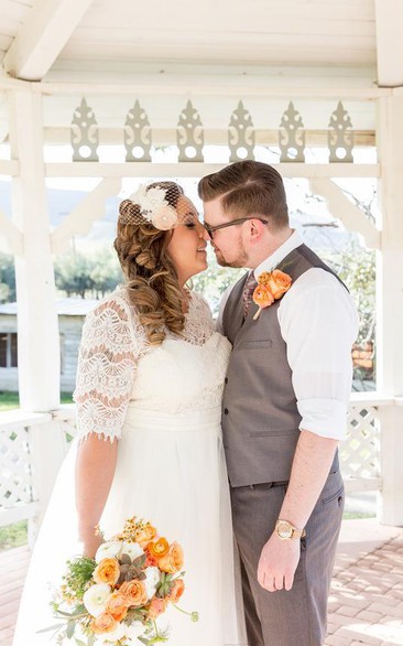 A-Line Short Jewel Half Sleeve Bell Button Tulle Lace Maid Of Honor Dress