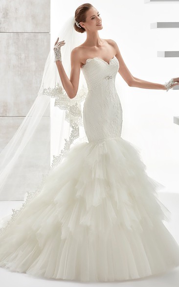 Sweetheart Mermaid Lace Wedding Dress With Ruffled Tiers Train And Brush Train