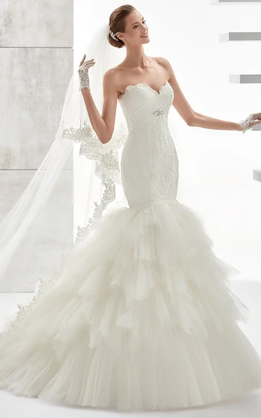 Sweetheart Mermaid Lace Wedding Dress With Ruffled Tiers Train And Brush Train