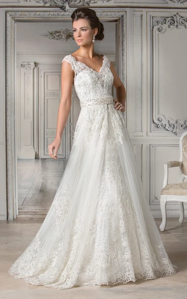 V-Neck Cap-Sleeved A-Line Gown With Appliques And Illusion Back
