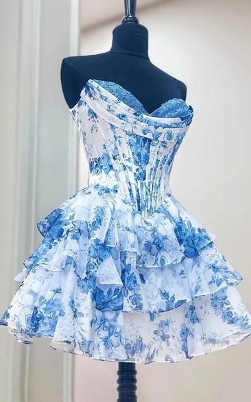 Blue White Print One-Shoulder Ruffled Dress