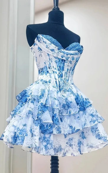 Blue White Print One-Shoulder Ruffled Dress
