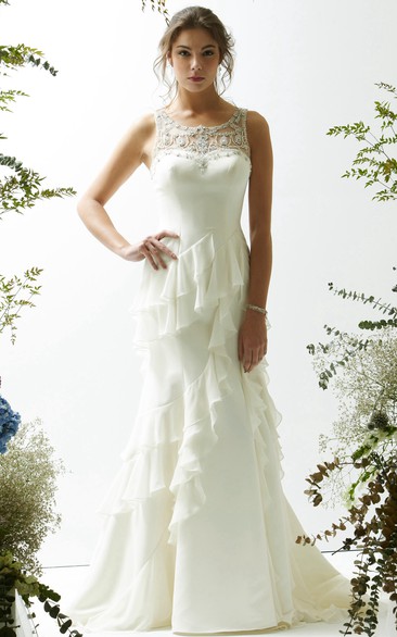 Sheath Maxi Sleeveless Scoop Cascading-Ruffle Satin&Chiffon Wedding Dress With Illusion Back And Beading