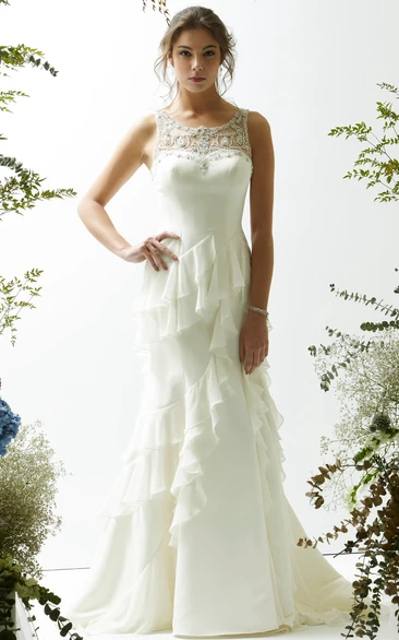 Sheath Maxi Sleeveless Scoop Cascading-Ruffle Satin&Chiffon Wedding Dress With Illusion Back And Beading