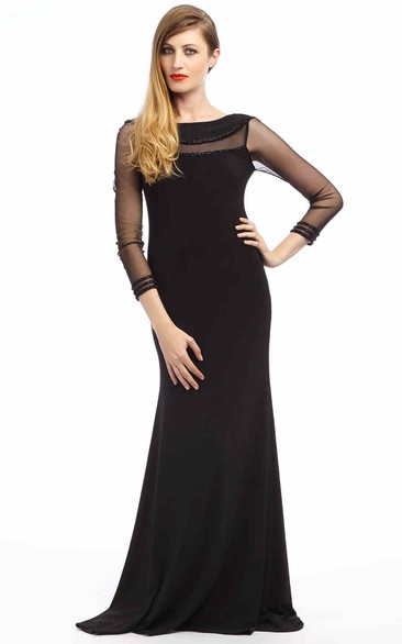 Long-Sleeve Beaded Bateau-Neck Maxi Chiffon Prom Dress