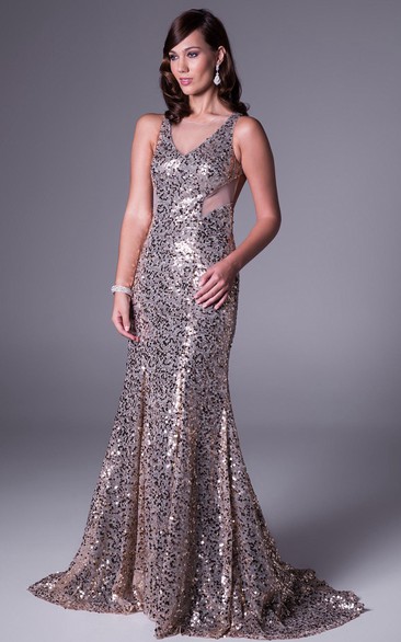 Sheath Floor-Length Sleeveless V-Neck Sequins Prom Dress