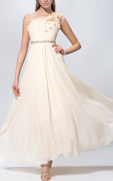 Chic Flowers Pleats Beading One-Shoulder A-line Long Prom Dress