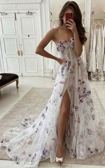 Sweetheart Front Split Sexy A-line Multi-color Flower Backless Dress 