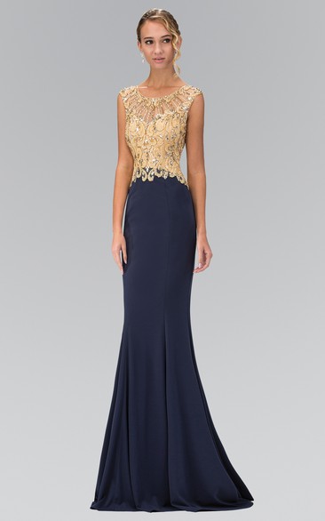Sheath Scoop-Neck Cap-Sleeve Jersey Illusion Dress With Beading And Appliques