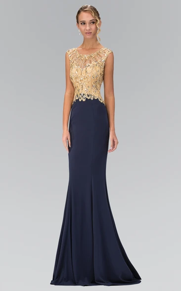 Sheath Scoop-Neck Cap-Sleeve Jersey Illusion Dress With Beading And Appliques