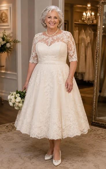 Plus Size Tea Length Lace Older Brides Wedding Dress with Illusion Sleeves