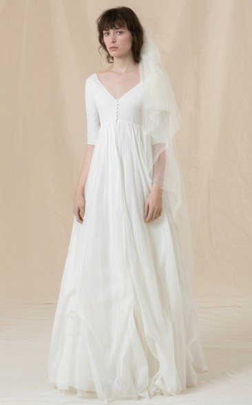 Romantic Tulle A Line Floor-length Half Sleeve Wedding Dress with Ruching