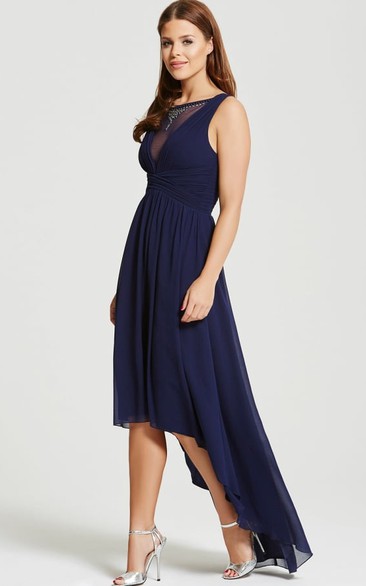 High-Low Beaded High Neck Sleeveless Chiffon Bridesmaid Dress