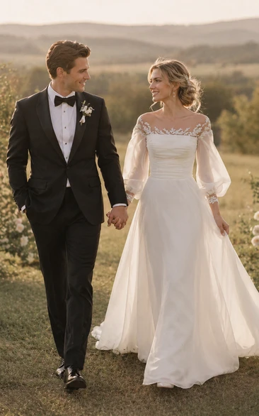 Beach Puff 3-4-sleeve Scoop-neck Empire Ruched Tulle Wedding Dress with Bow