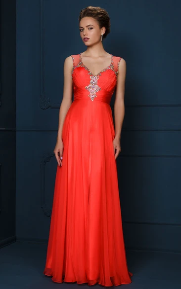 Sheath V-Neck Sleeveless Floor-Length Beaded Evening Dress With Ruching
