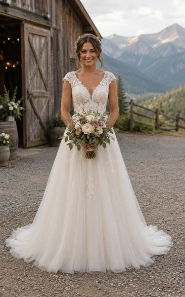 Cap Sleeve A-Line Country Wedding Dress with Lace Bodice and Soft Tulle Train
