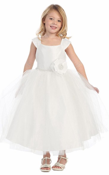 Tea-Length Tiered Cap-Sleeve Flower Girl Dress