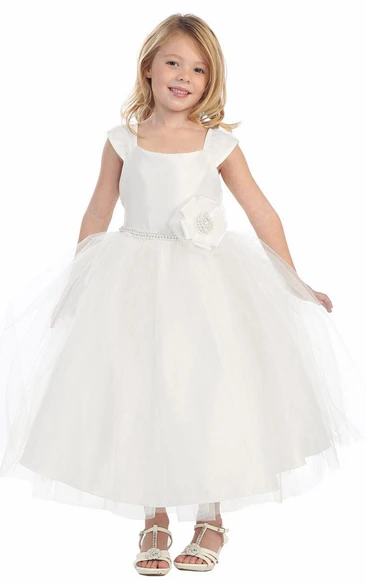Tea-Length Tiered Cap-Sleeve Flower Girl Dress