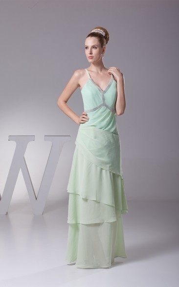 Spaghetti-Strap Chiffon Long Plunged Layers and Dress With Beading