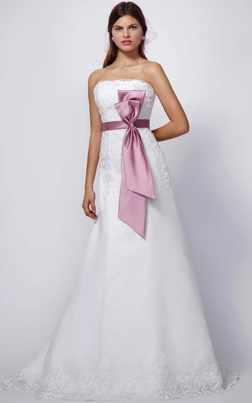 A-Line Strapless Sleeveless Appliqued Long Satin&Lace Wedding Dress With Bow