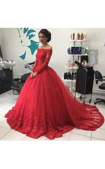 Ball Gown Lace Tulle Off-the-shoulder Long Sleeve Zipper Dress