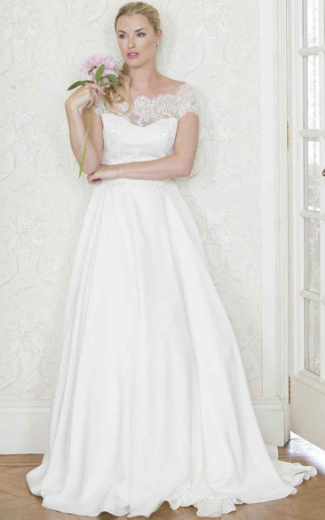 A-Line Cap-Sleeve Bateau-Neck Satin Wedding Dress With Lace And Illusion