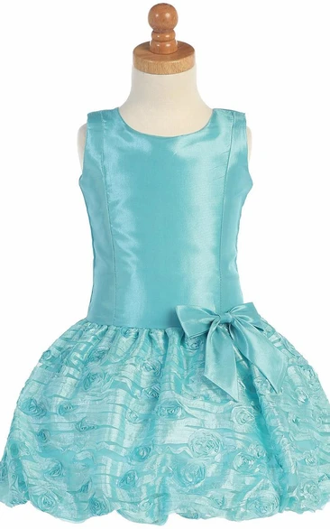 Tea-Length Bowed Tulle&Taffeta Flower Girl Dress With Embroidery