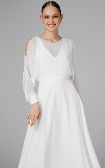 Casual A Line Chiffon Bateau Sweep Train Wedding Dress - Dorris Wedding