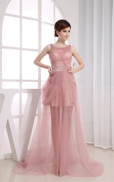 Sleeveless Tulle A-Line V-Neck Jeweled Waist and Dress With Ruching