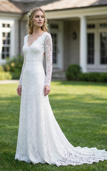 V-Neck Lace A-Line Wedding Gown with Keyhole