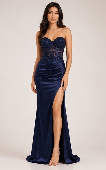 Sheath Sweetheart Satin Prom Dress with Lace
